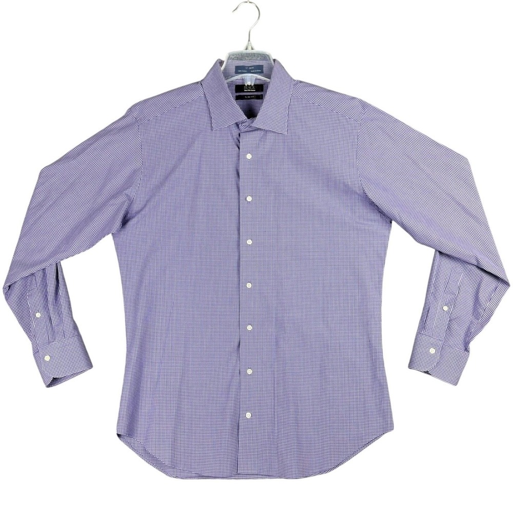 Saks Fifth Avenue BLACK Men's 17 34/35 Purple Micro Gingham Slim Fit Dress Shirt